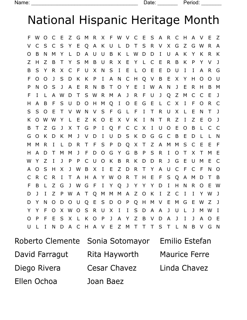 National Hispanic Heritage Month  Word Search
