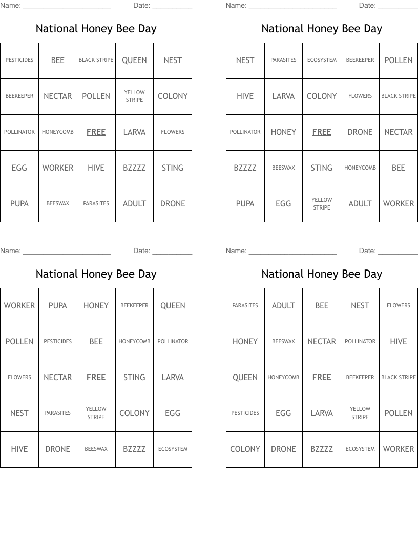 National Honey Bee Day Bingo Cards