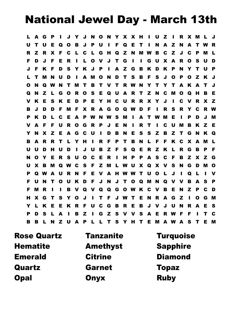 National Jewel Day - March 13th Word Search