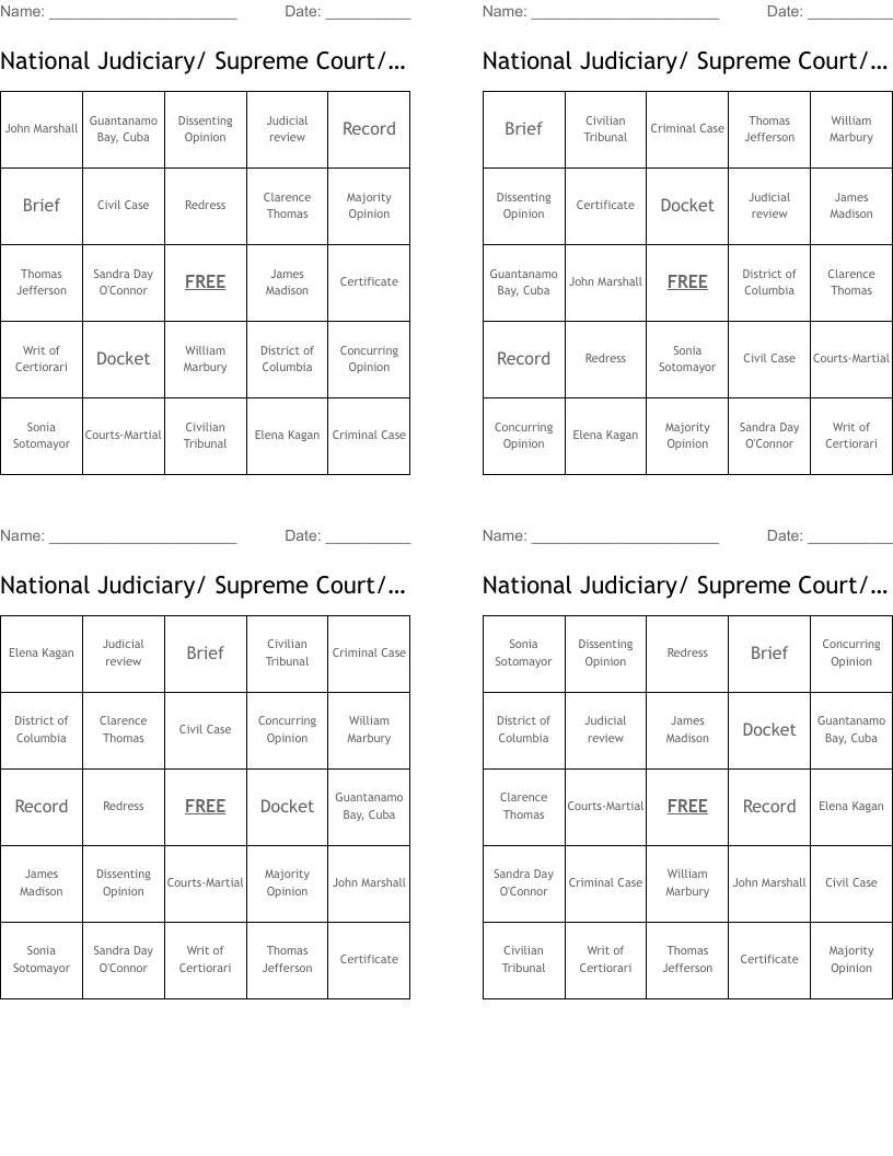 National Judiciary/ Supreme Court/Inferior Courts and the special Courts Bingo Cards