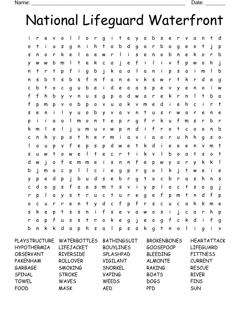 National Lifeguard Waterfront Word Search