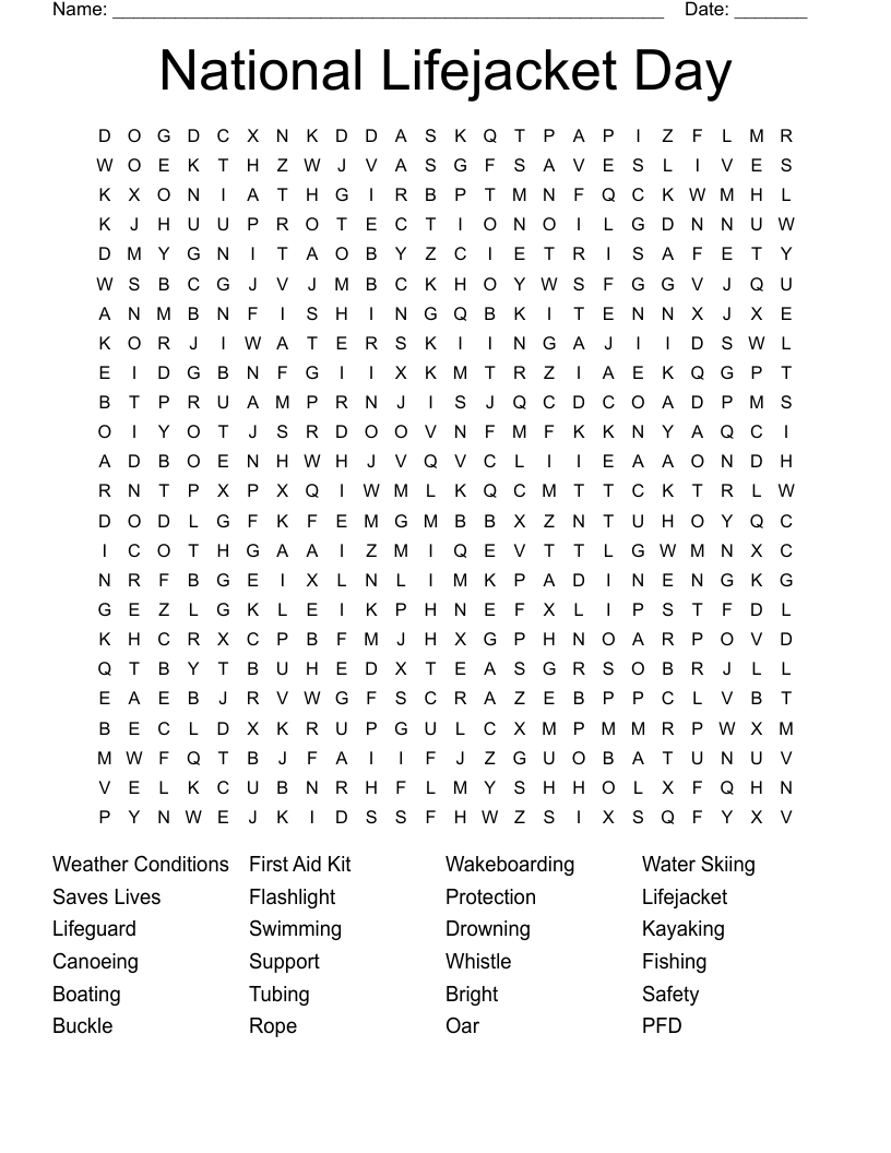 National Lifejacket Day Word Search