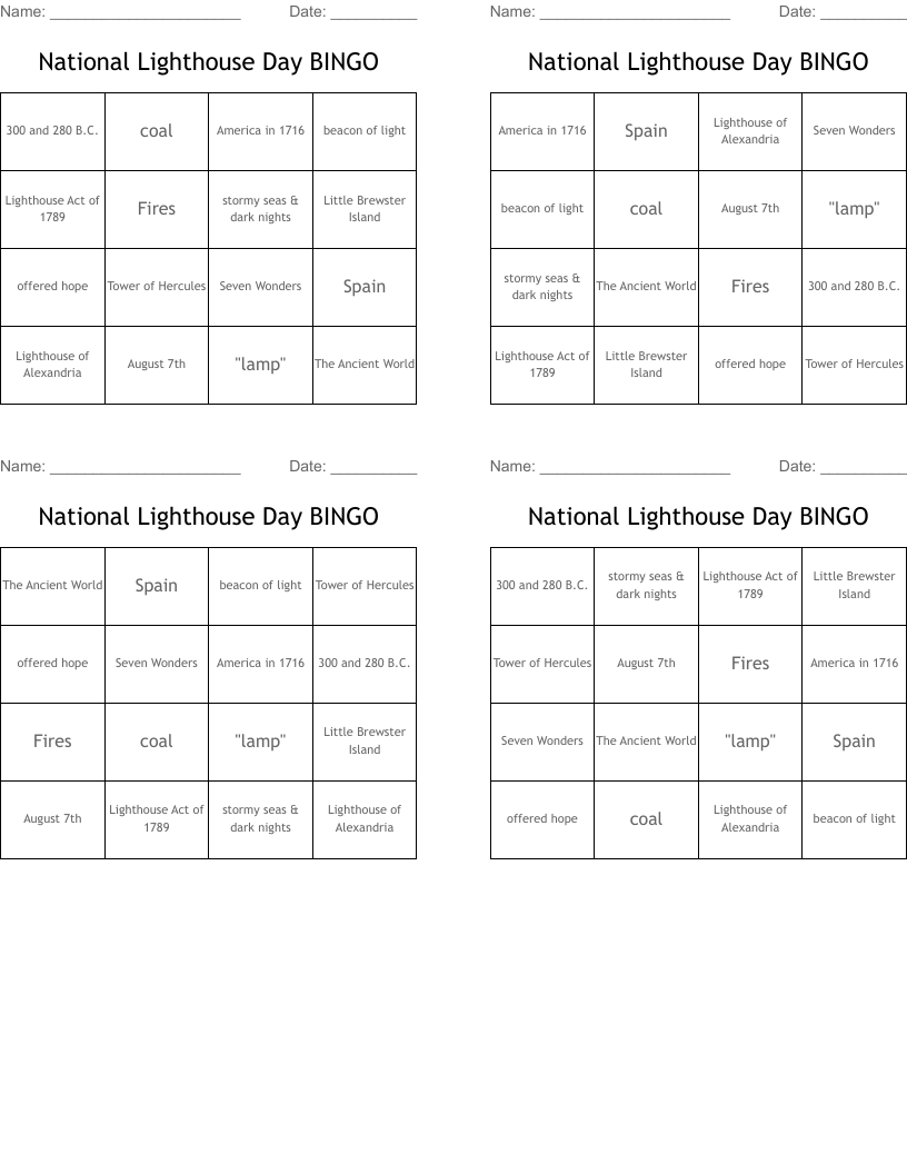 National Lighthouse Day BINGO