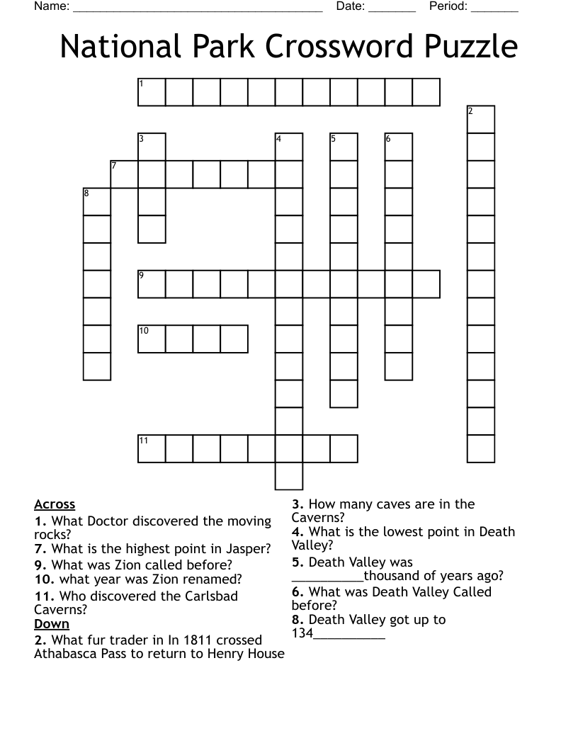 National Park Crossword Puzzle