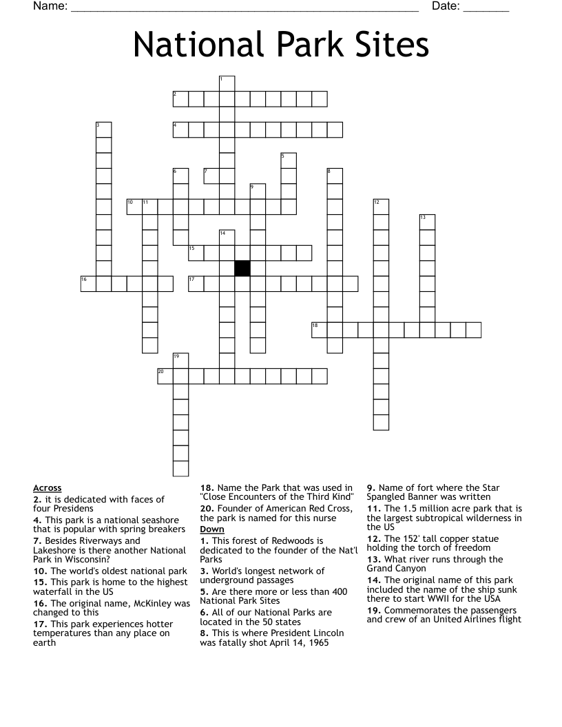 National Park Sites Crossword