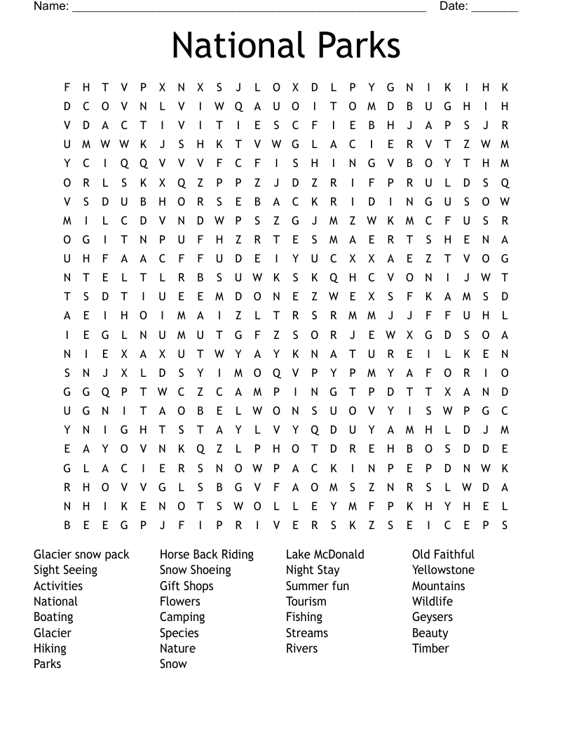 National Parks Word Search