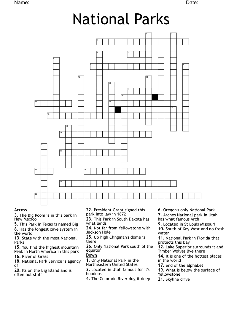 National Parks  Crossword