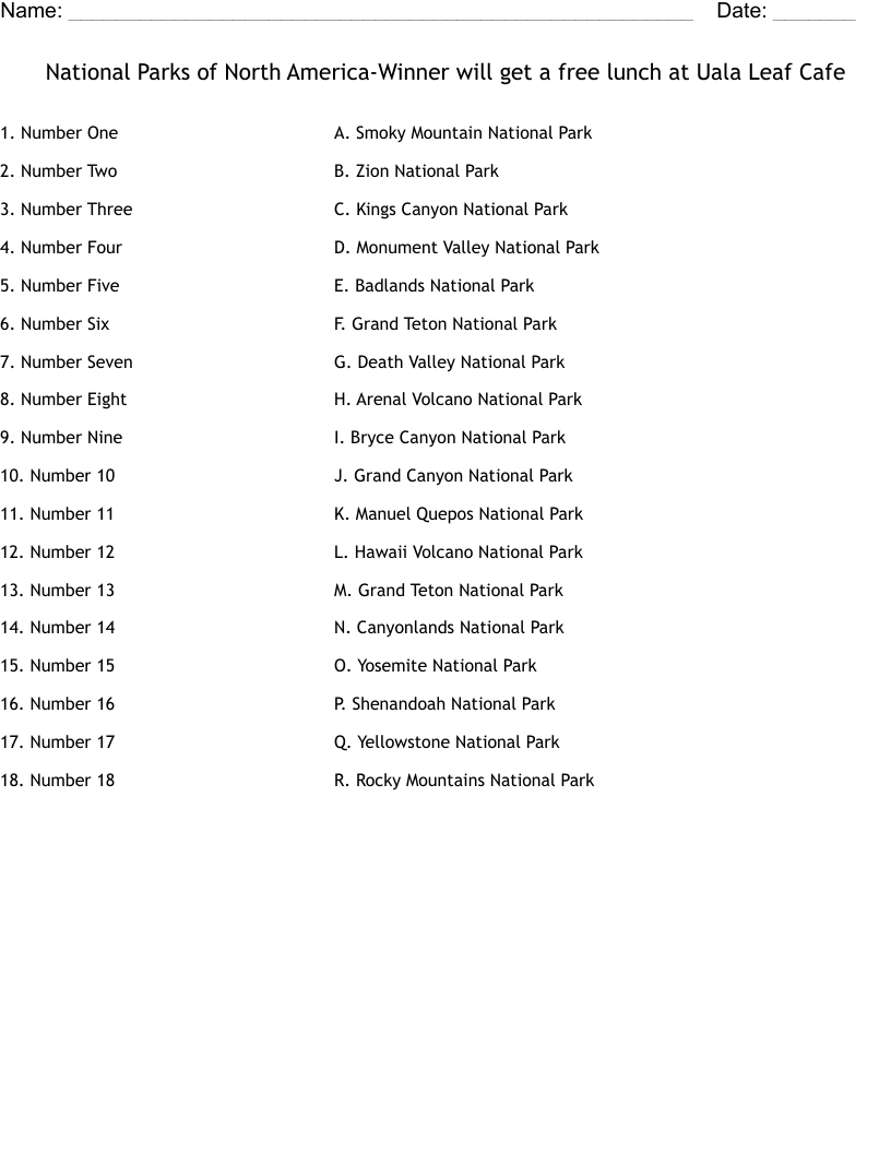 National Parks of North America-Winner will get a free lunch at Uala Leaf Cafe Worksheet