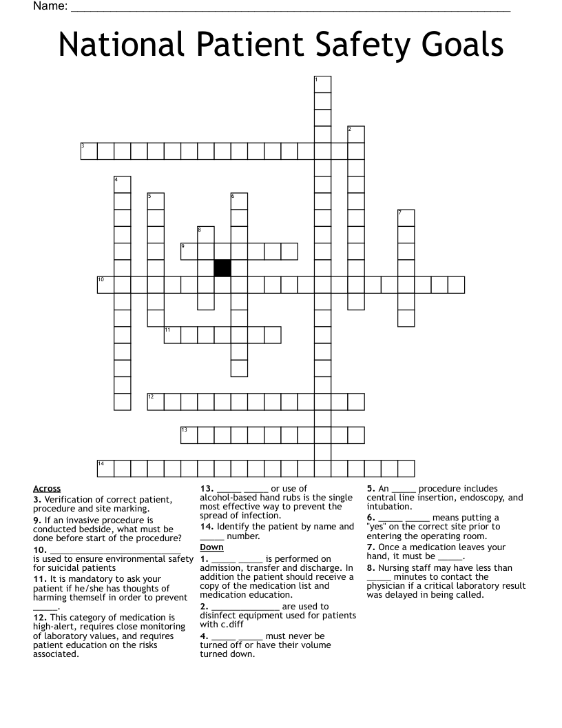 National Patient Safety Goals Crossword