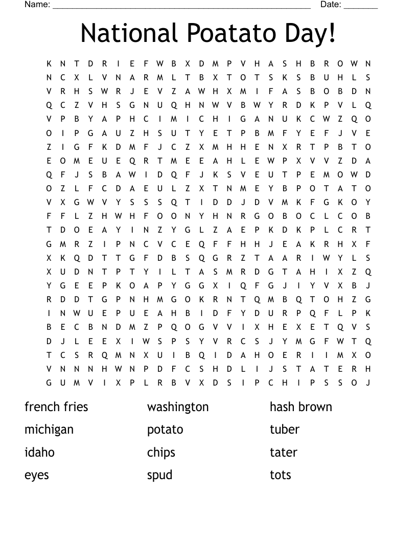 National Poatato Day! Word Search