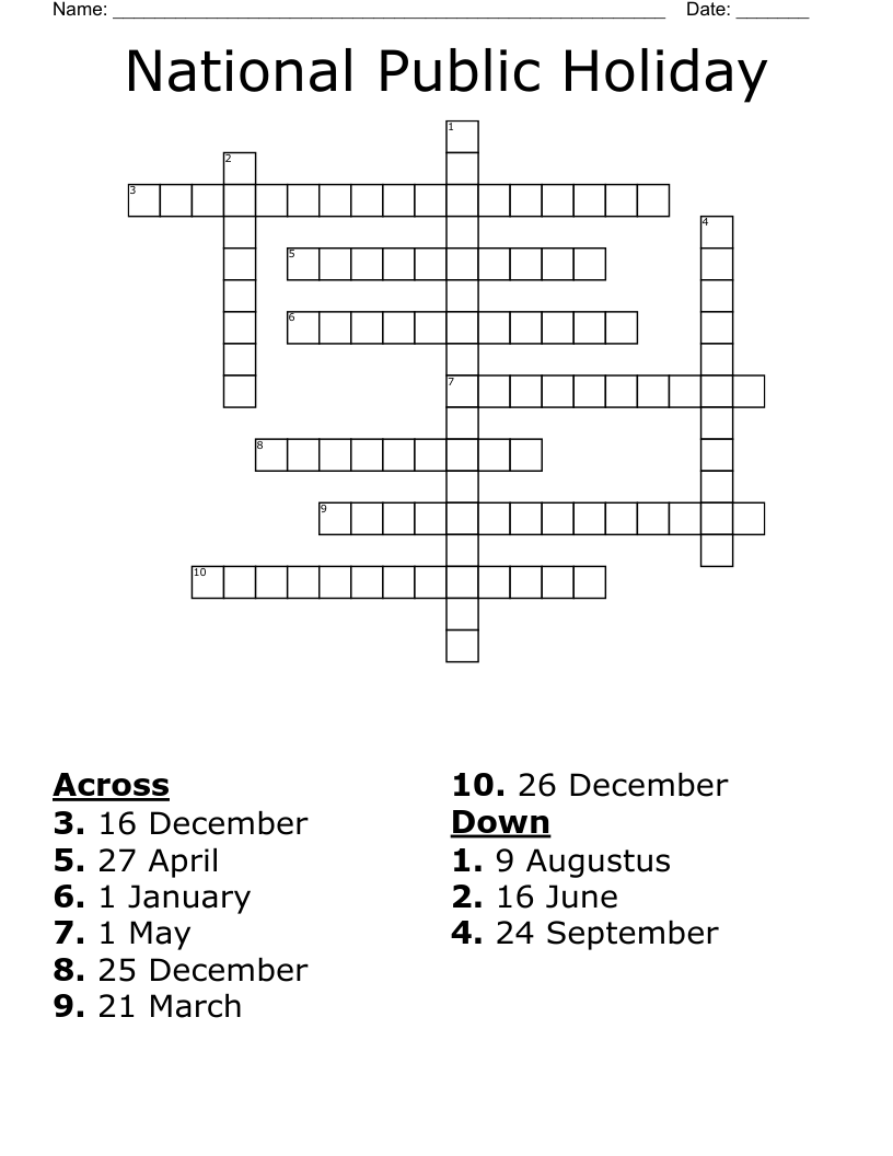 National Public Holiday Crossword