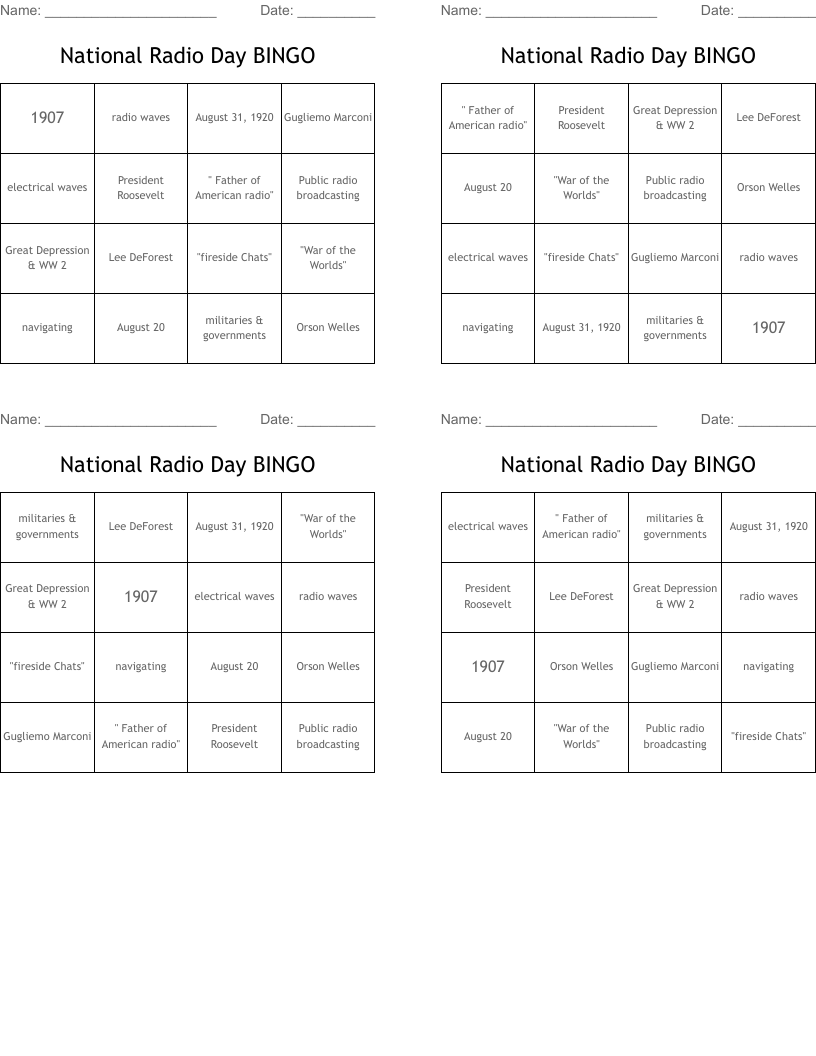 National Radio Day BINGO