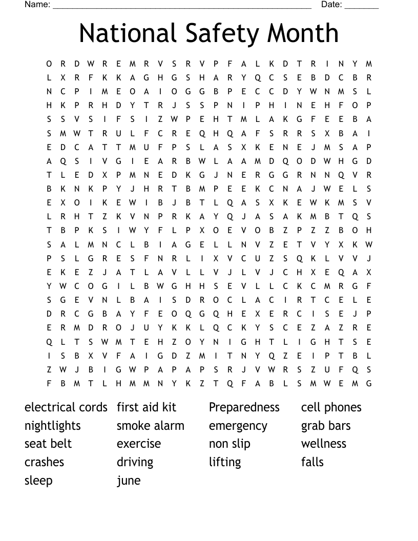 National Safety Month Word Search