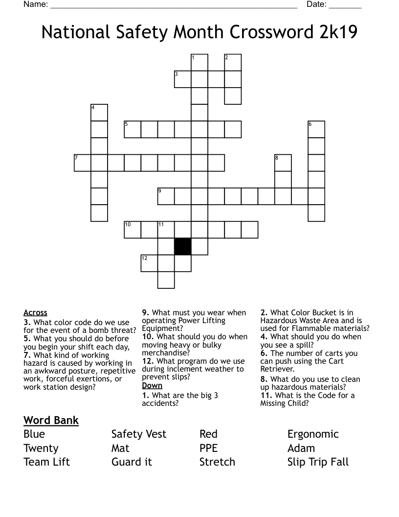 National Safety Month Crossword 2k19
