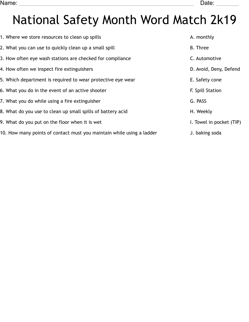 National Safety Month Word Match 2k19 Worksheet