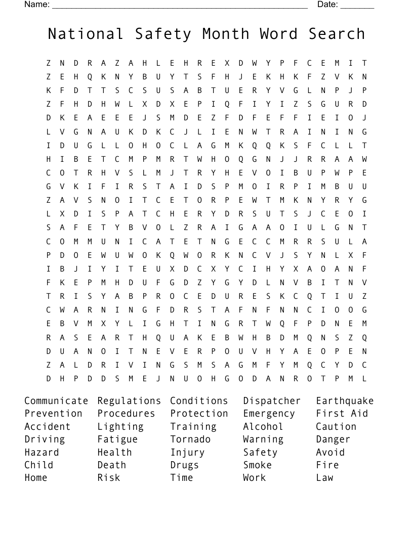 National Safety Month Word Search 