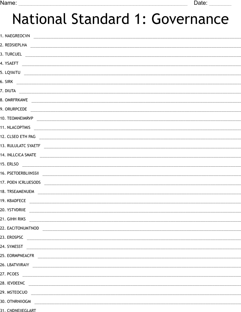 National Standard 1: Governance Word Scramble
