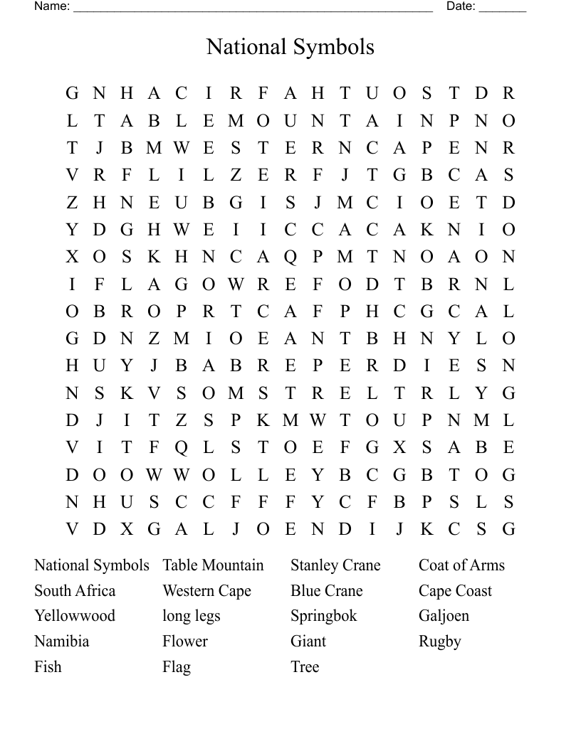 National Symbols                                                   Word Search