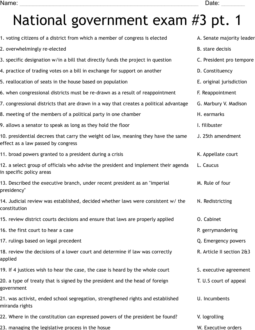 National government exam #3 pt. 1 Worksheet