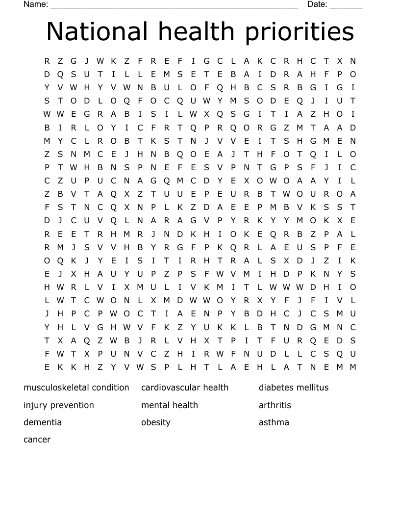 National health priorities  Word Search