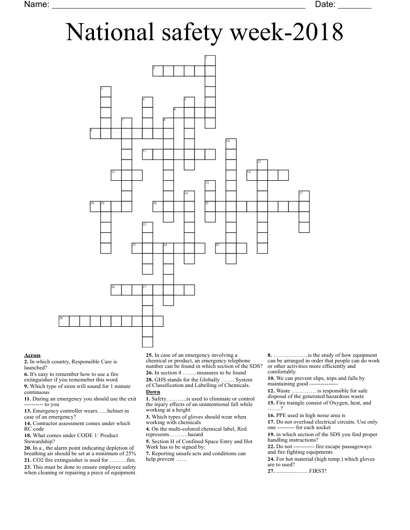 National safety week-2018 Crossword