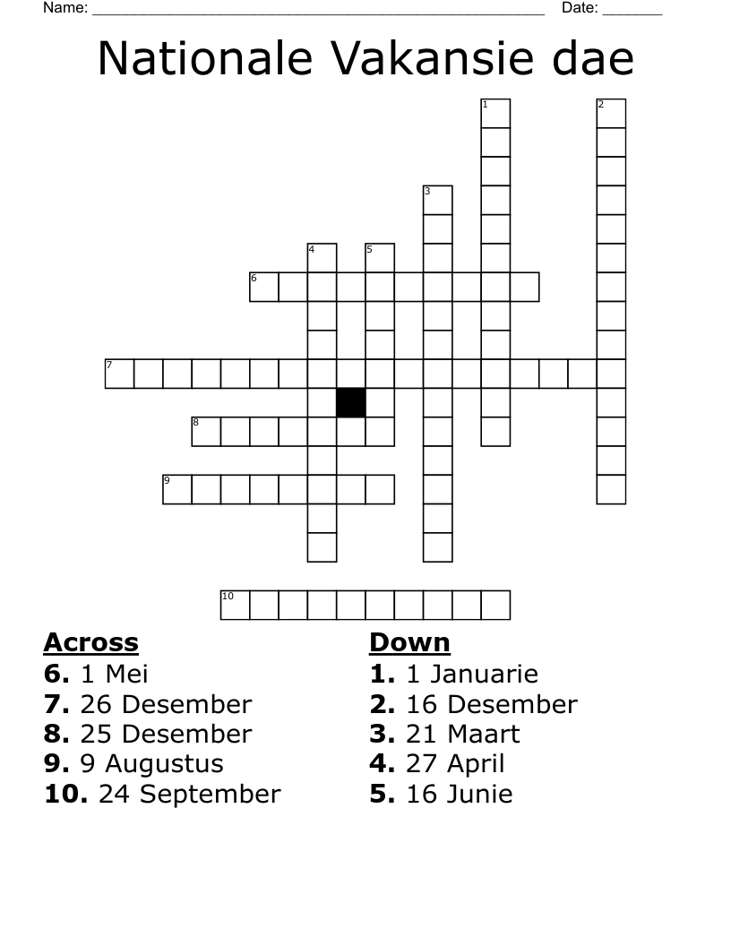 Nationale Vakansie dae Crossword