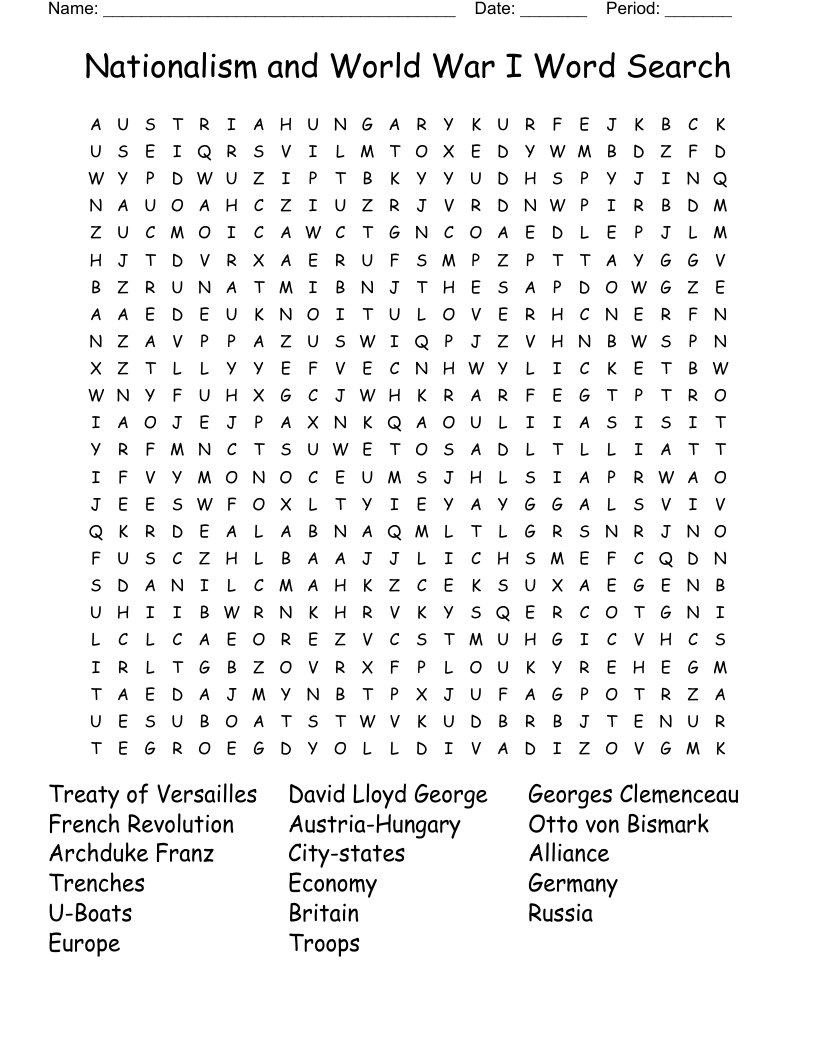 Nationalism and World War I Word Search