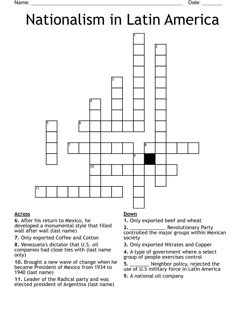 Nationalism in Latin America Crossword