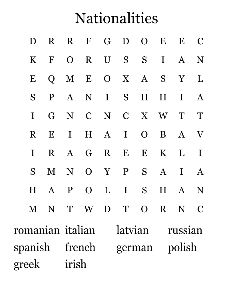 Nationalities Word Search