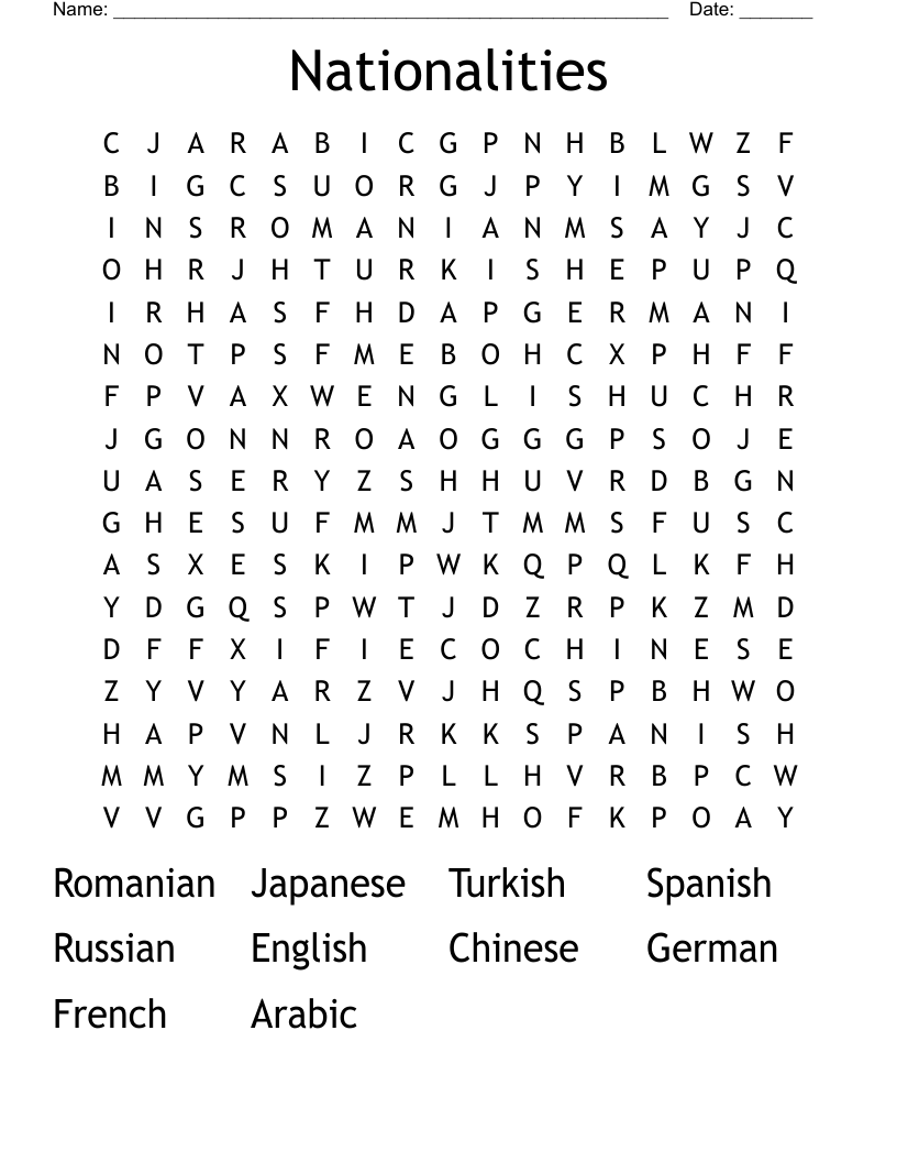Nationalities Word Search