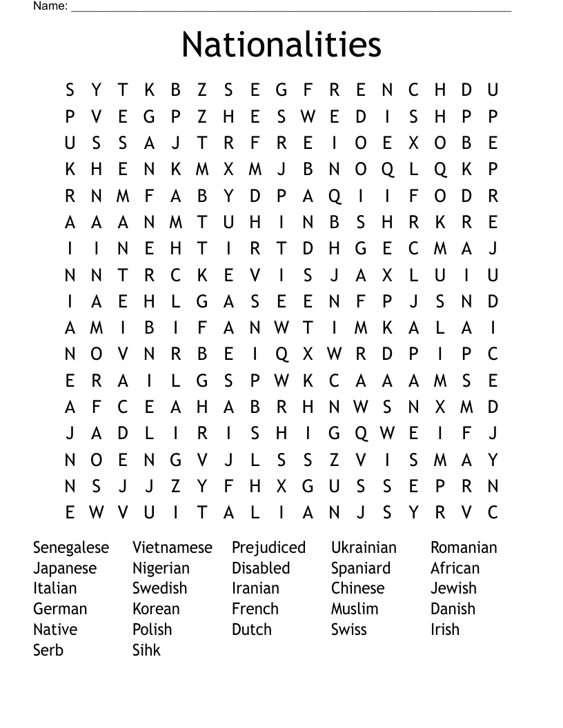 Nationalities Word Search