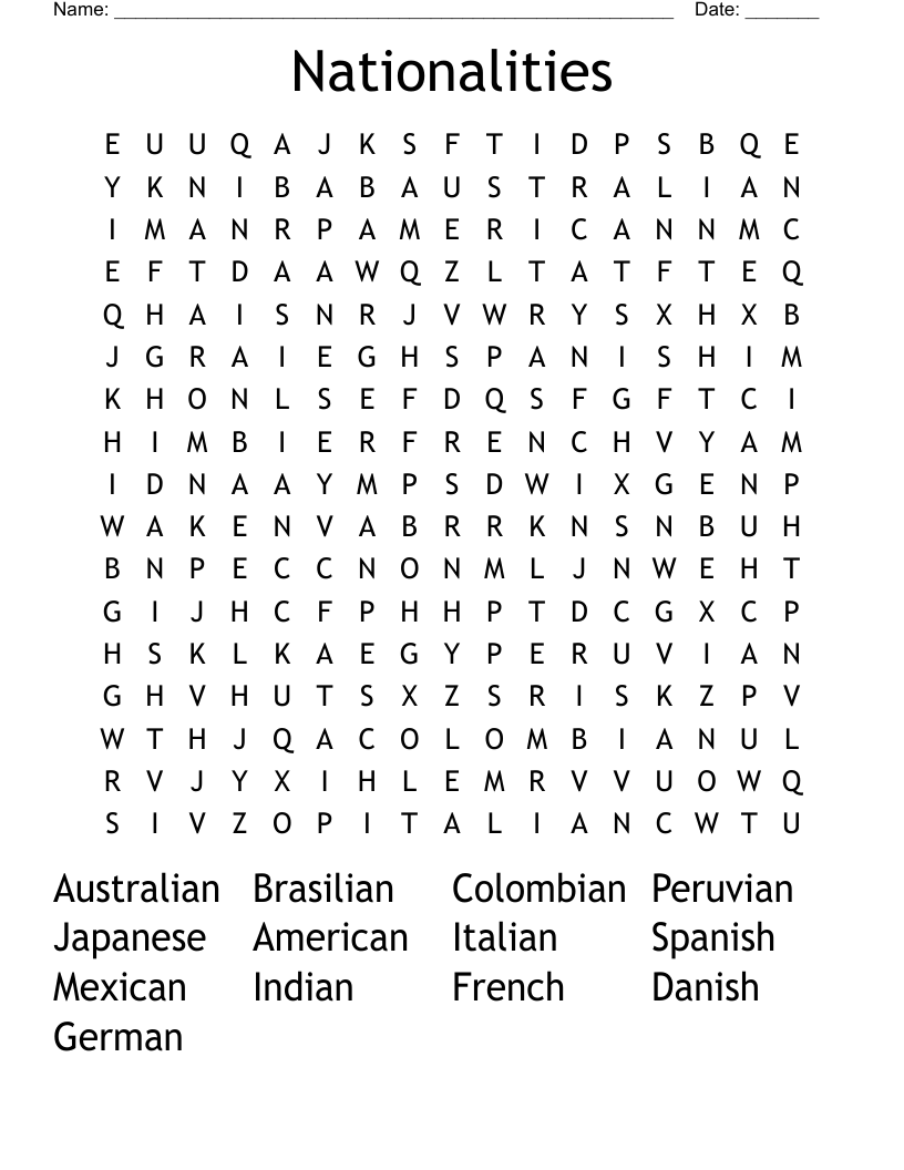 Nationalities Word Search