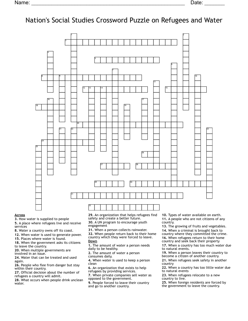 Nation's Social Studies Crossword Puzzle on Refugees and Water