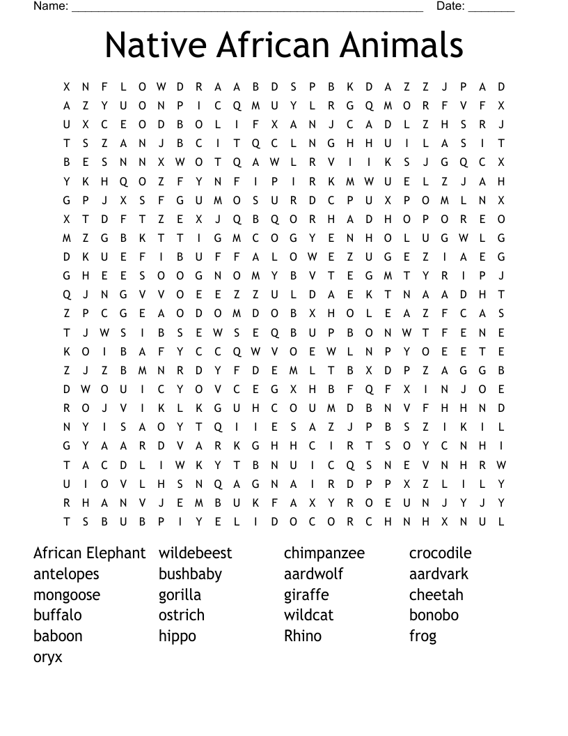 Native African Animals Word Search