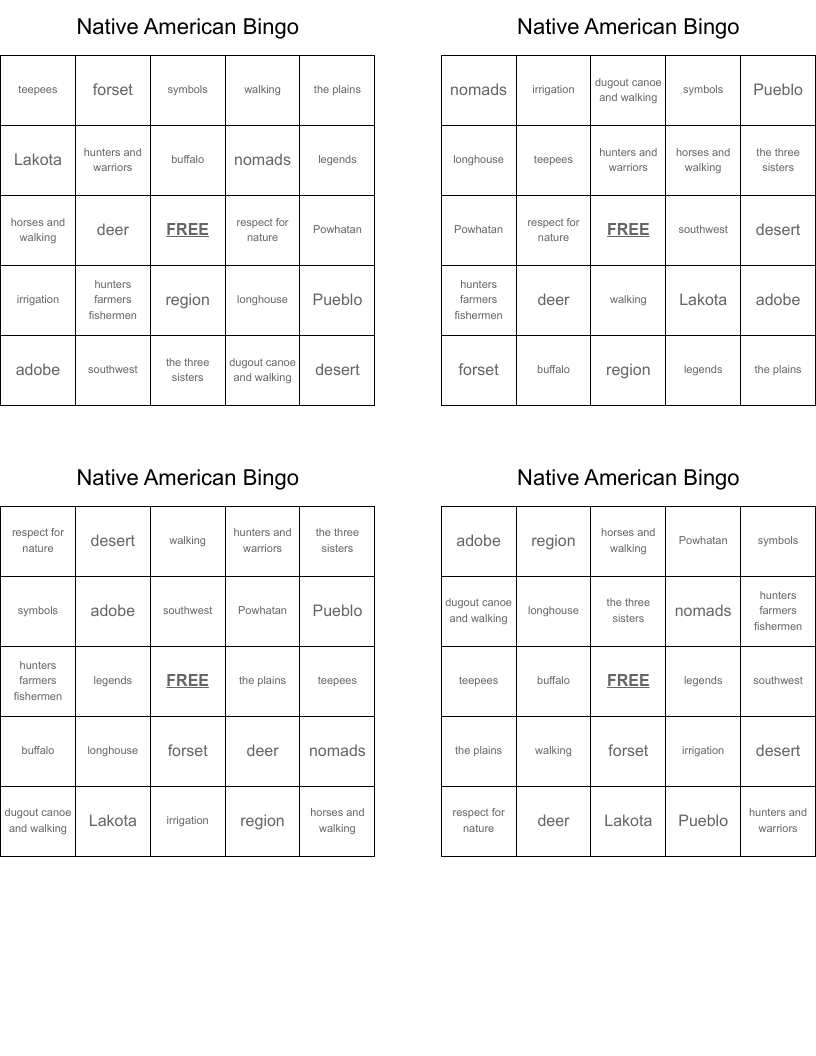 Native American Bingo