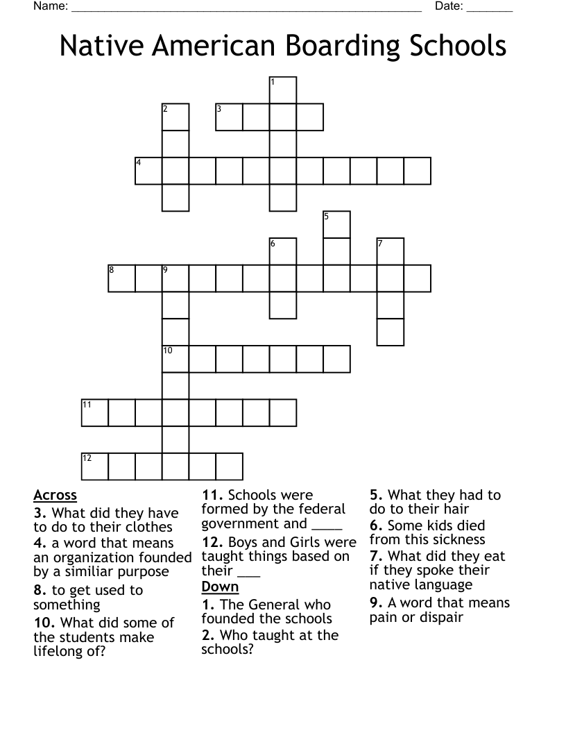 Native American Boarding Schools Crossword