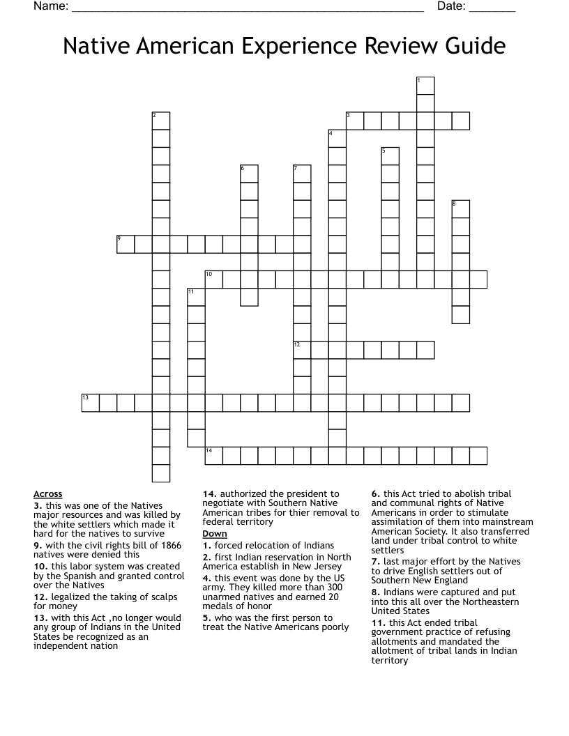 Native American Experience Review Guide  Crossword