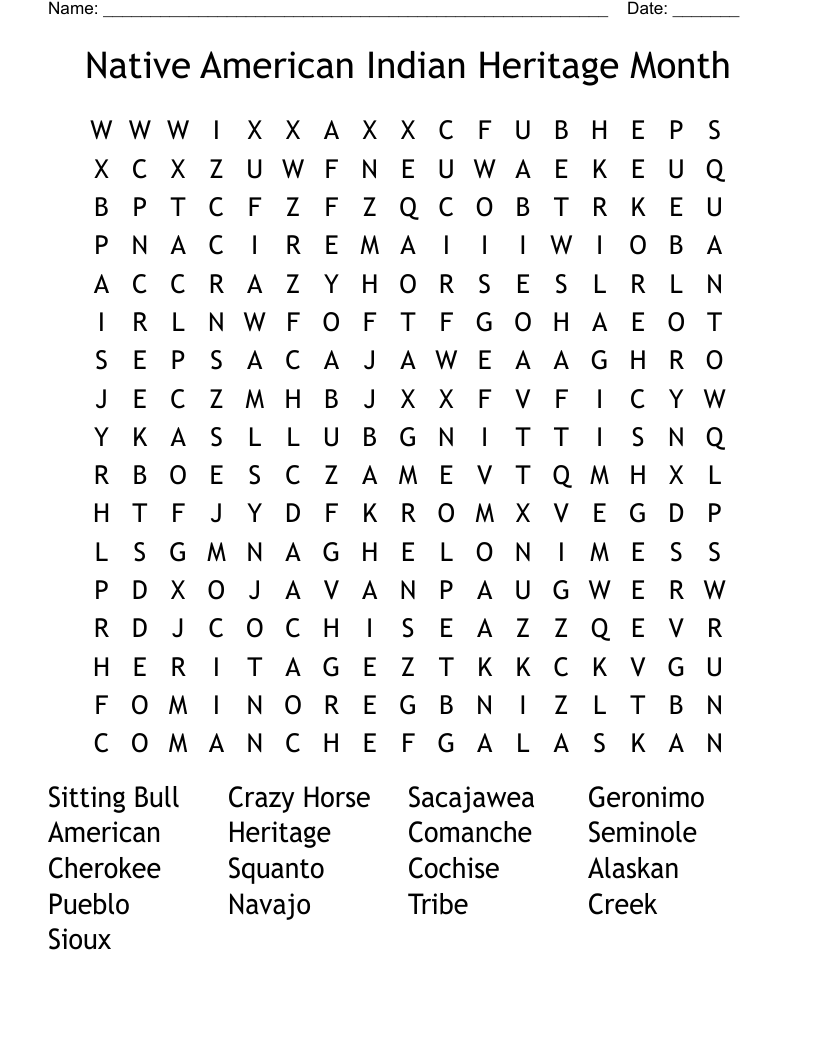 Native American Indian Heritage Month Word Search