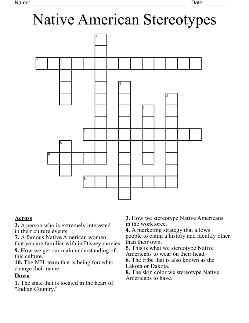 Native American Stereotypes Crossword