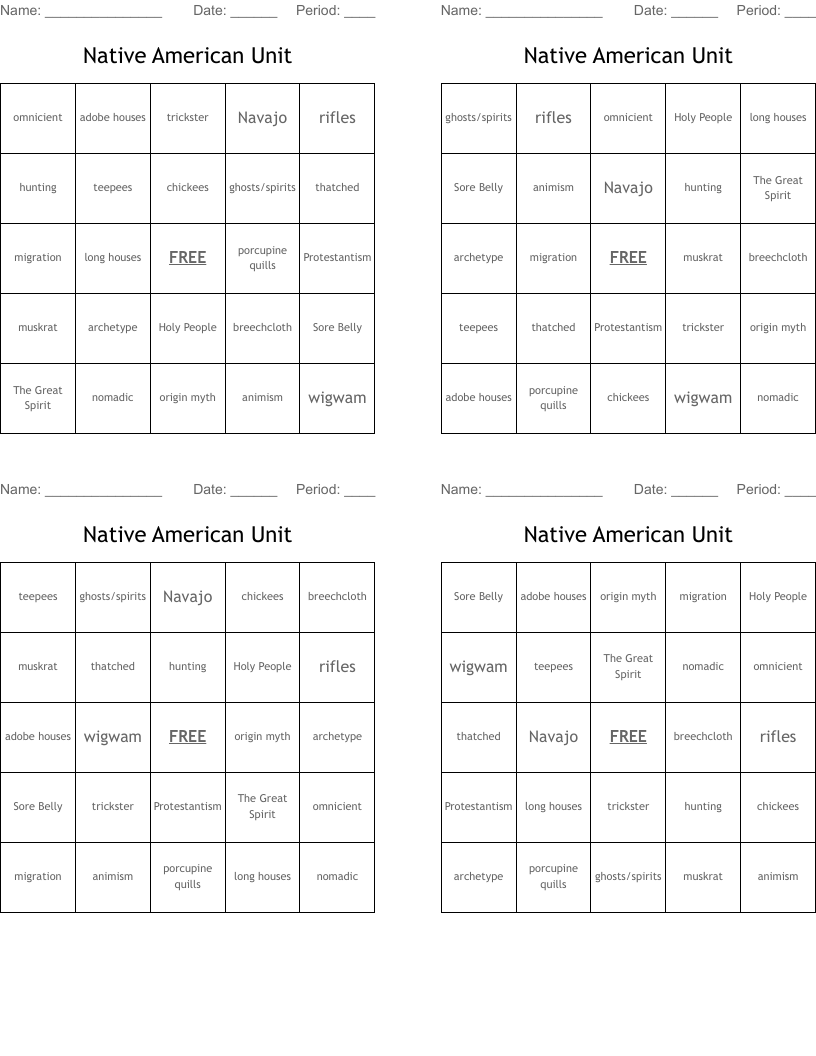 Native American Unit Bingo Cards