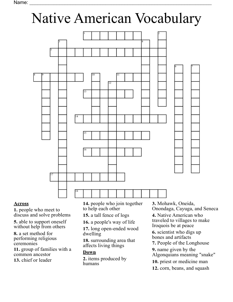 Native American Vocabulary Crossword