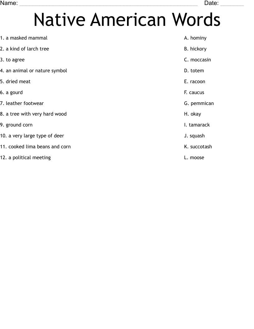 Native American Words Worksheet