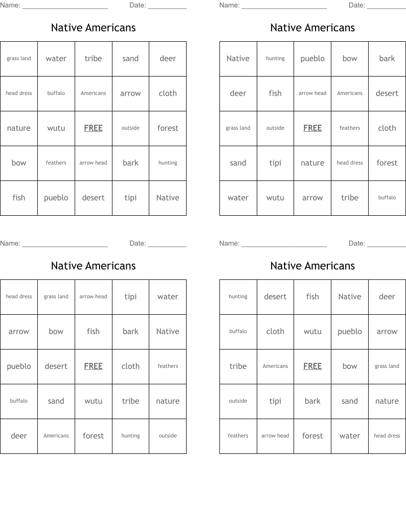 Native Americans Bingo Cards