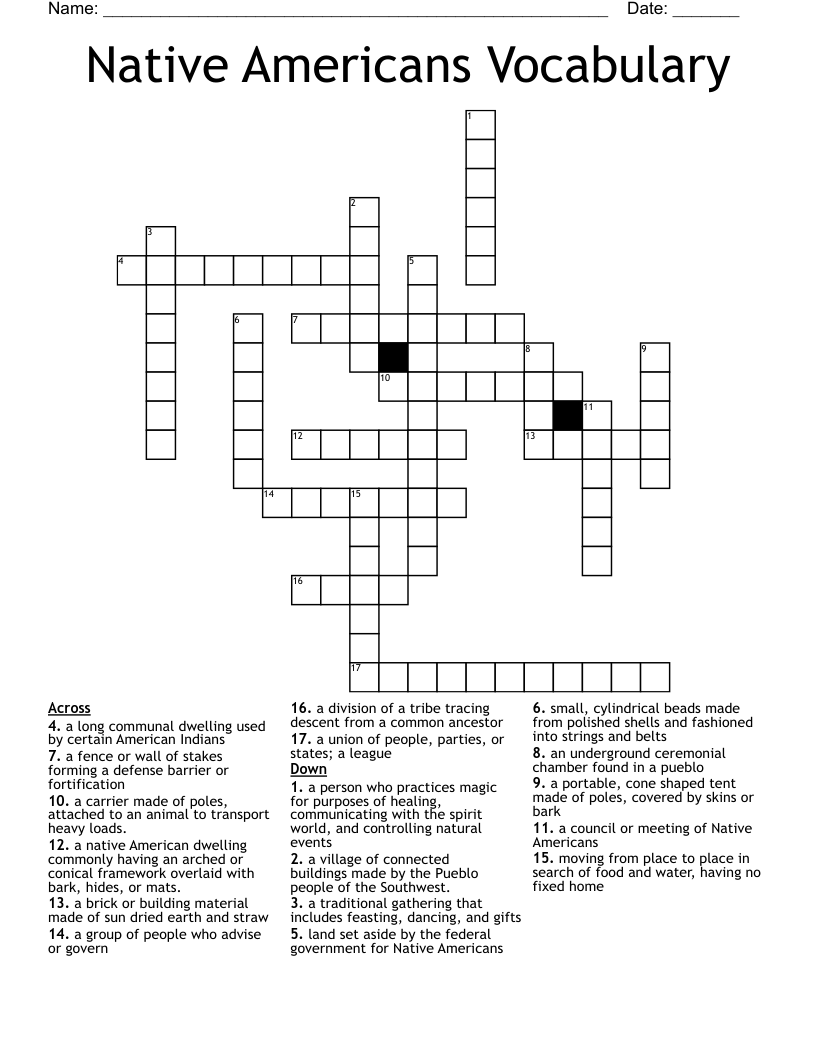 Native Americans Vocabulary Crossword