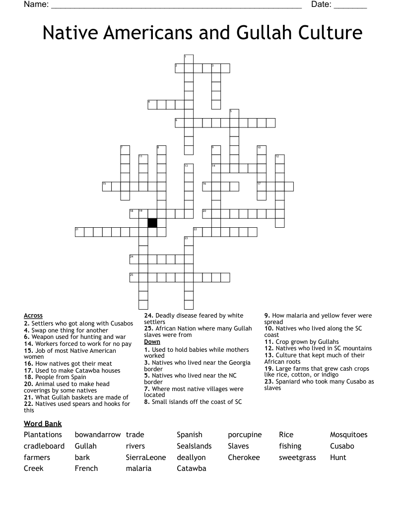 Native Americans and Gullah Culture Crossword
