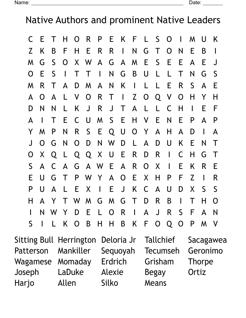 Native Authors and prominent Native Leaders Word Search