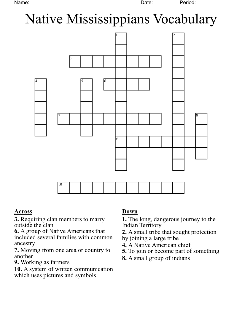 Native Mississippians Vocabulary Crossword