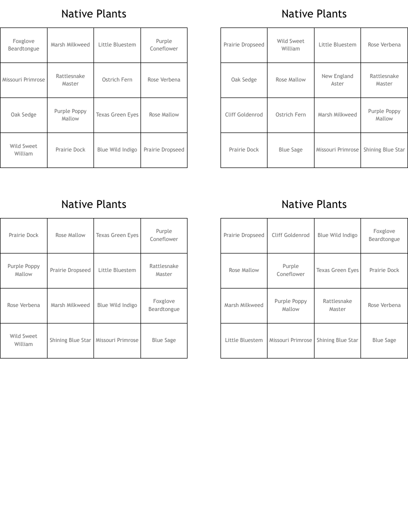 Native Plants Bingo Cards