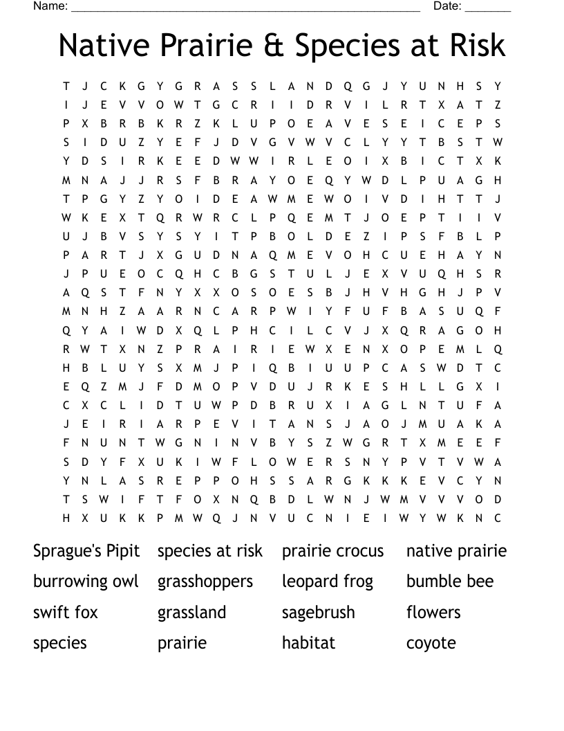 Native Prairie & Species at Risk Word Search