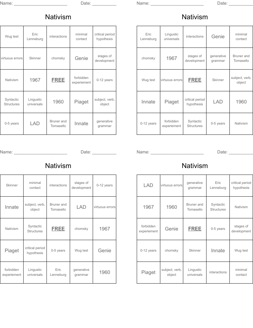 Nativism Bingo Cards